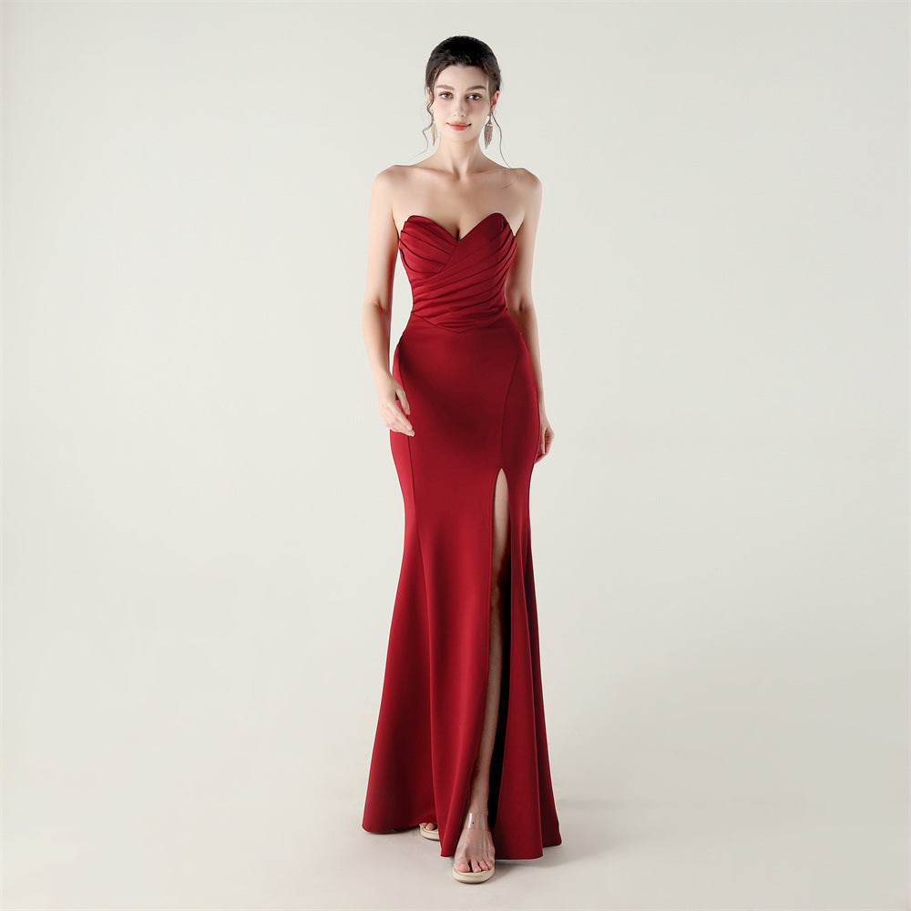 Wrapped Chest Folding Heart Shaped Collar Evening Dress Back Cross Strap Slimming Cocktail Bridesmaid Dress