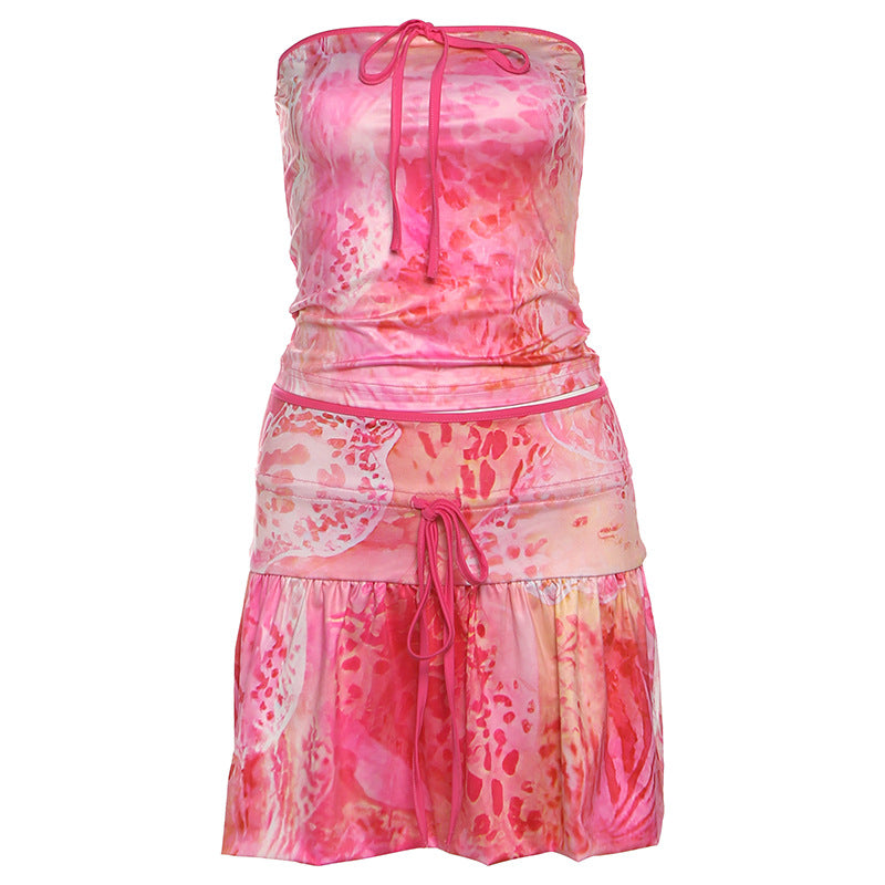 Summer Sexy Cropped Bow Printing Tube Top High Waist Lace up Skirt Set