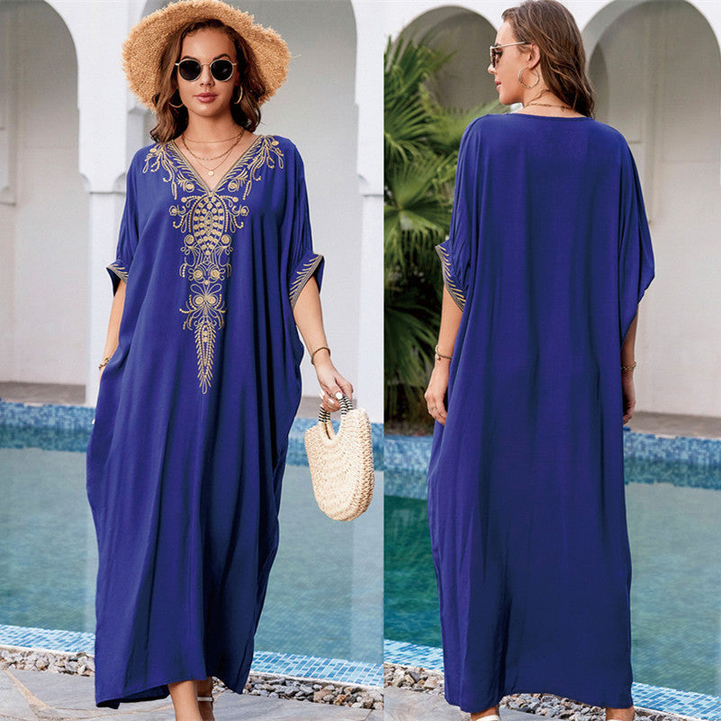 Navy Blue Rayon Embroidered Beach Cover Up Embroidered Robe Loose Sun Protection Shirt Beach Cover Up