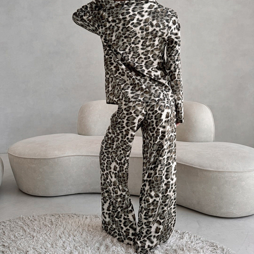 Autumn Satin Leopard Print Soft Comfortable Pajamas Long Sleeved Trousers Women Homewear