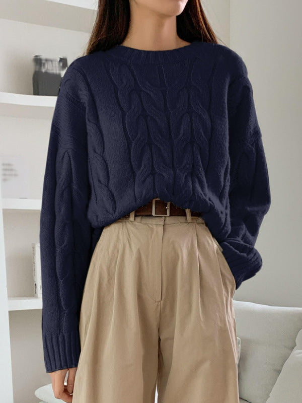 Autumn Winter Women Cable Knit Pullover Sweater Loose round Neck Solid Color All Matching Trendy Knitwear Top