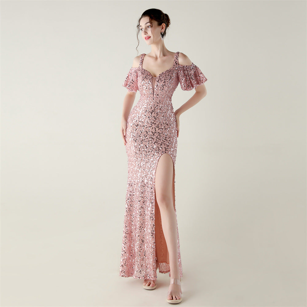 Bead Tube Sequin Heavy Industry Evening Dress Short Sleeve off the Shoulder Deep V Plunge High Slit Fishtail Dress Cocktail Socialite