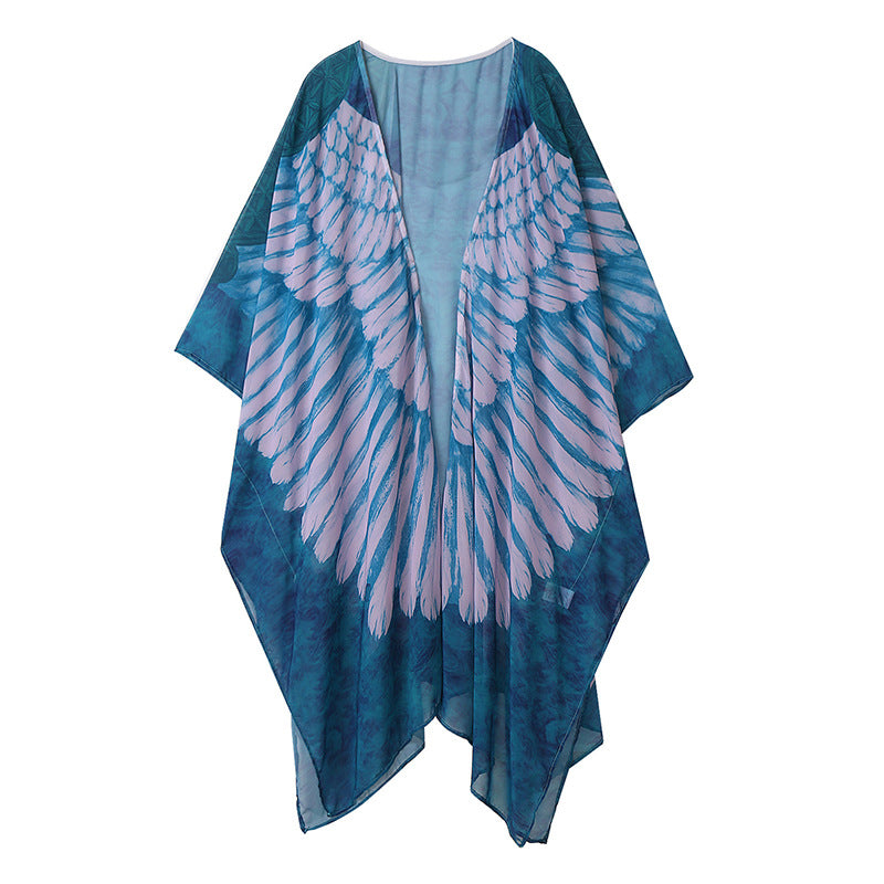 Beach Cover Up Wings Printing Wing Loose Long Long Sleeve Knitted Cardigan Sunscreen Beach Cover Up