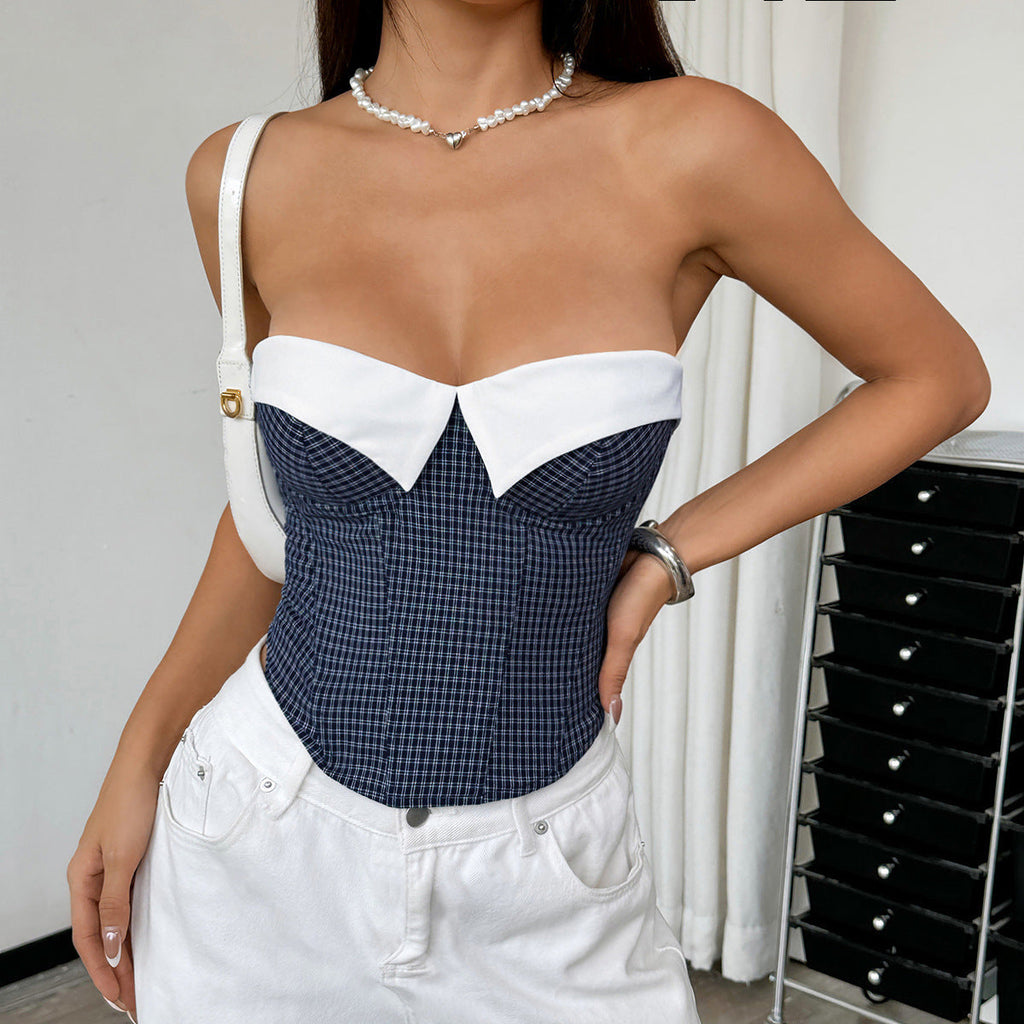 Plaid Stitching Contrast Color Office Niche Wear Sexy Lacing Backless Boning Corset Tube Top