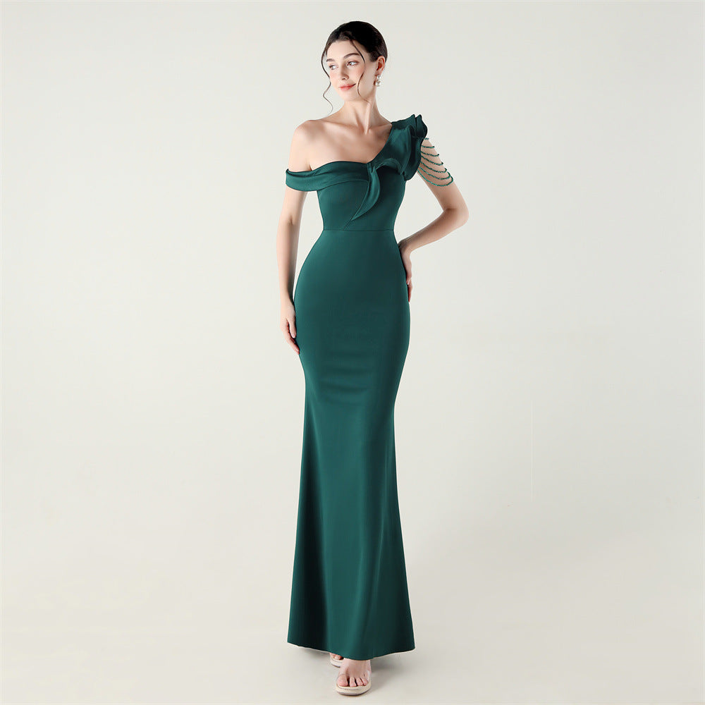 Ruffled One Shoulder Heavy Industry Beads String Slim Fit Satin Fishtail Evening Dress Wedding Red Carpet Cocktail Dress