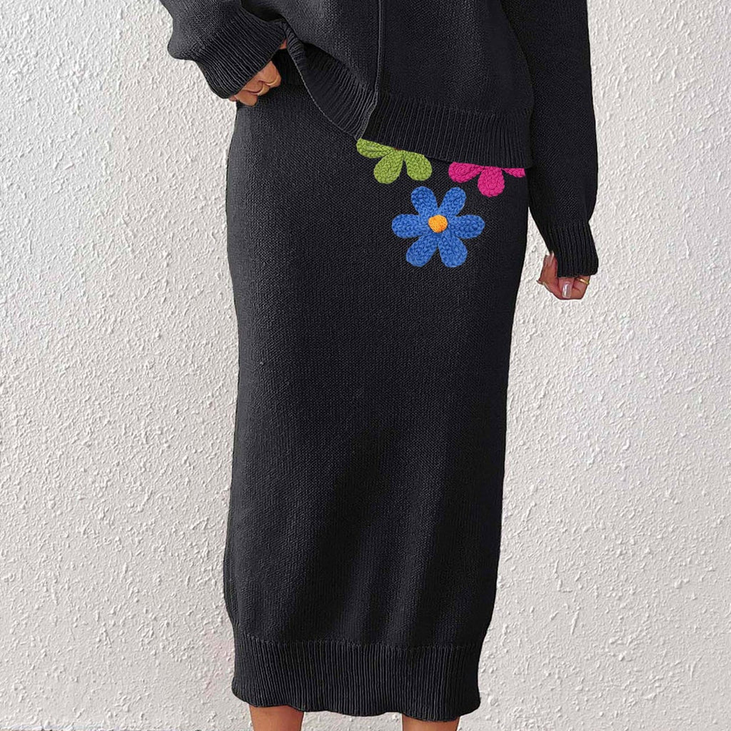 Women Clothing Mid Length Elegant Skirt Embroidered Floral Stitching Woolen Skirt