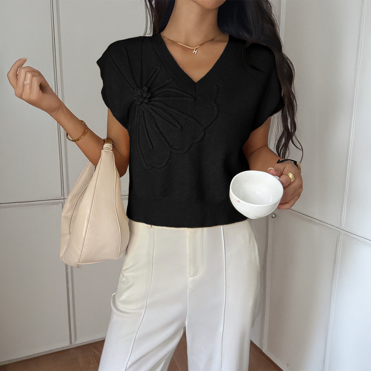 Women Clothing Autumn Winter Casual Vacation Deep V Plunge Neck Solid Color Sweater with Short Sleeves