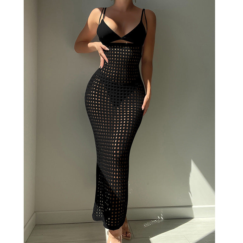 Women Knitted Camisole Hollow Out Cutout Texture Sexy Slim High Waist Maxi Dress Beach Cover up Dress Crochet hook