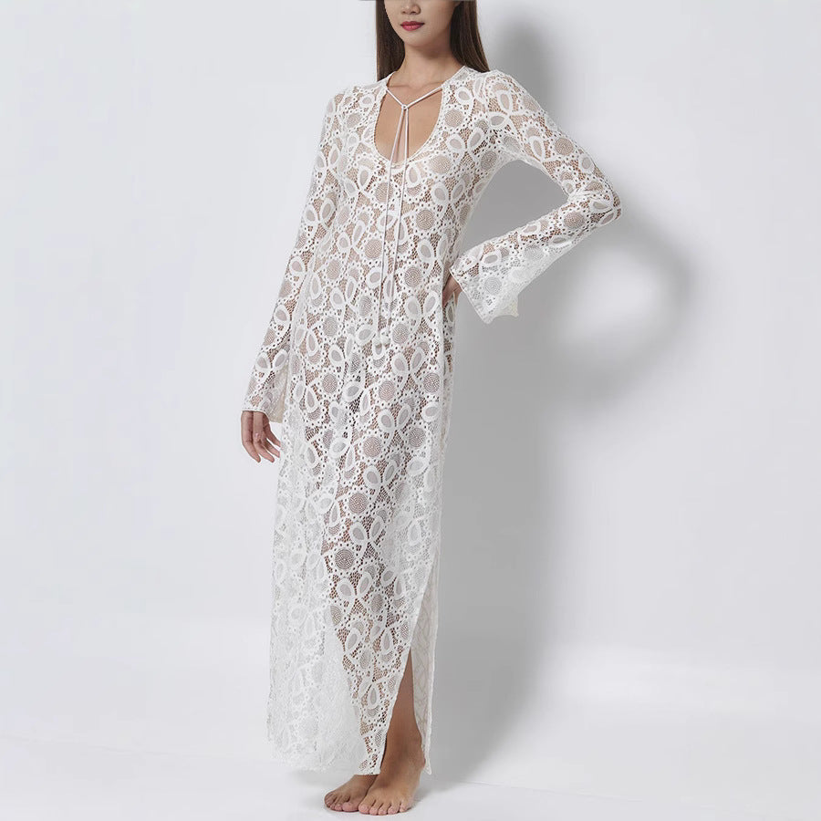 Spring Summer Long Sleeve See through Lace up Dress Loose Vacation Split Dress