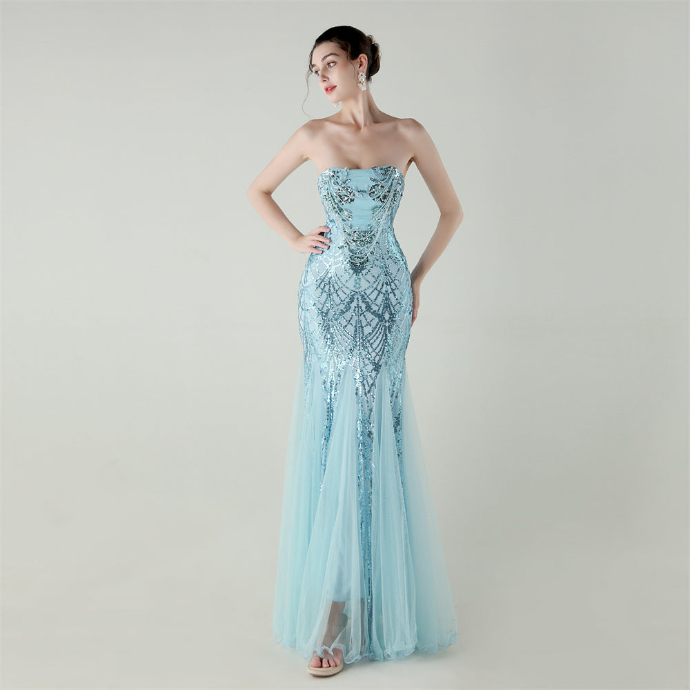 Mesh Heavy Industry Beaded Tube Floral Evening Dress Tube Top Fishtail Dress Swing Cocktail Social Socialite
