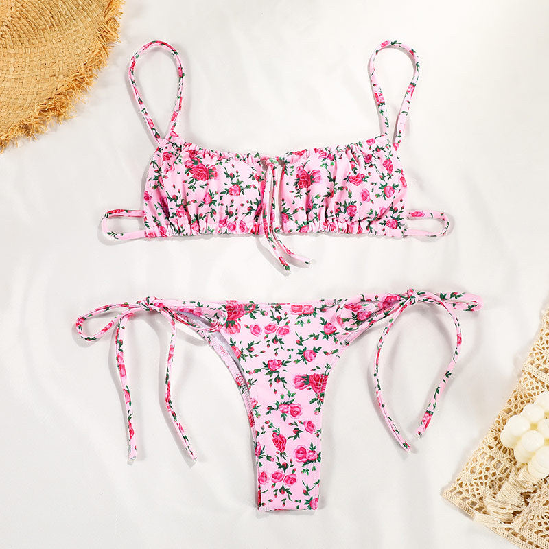 Swimsuit Female Sexy Fresh Printed Lace up Bikini