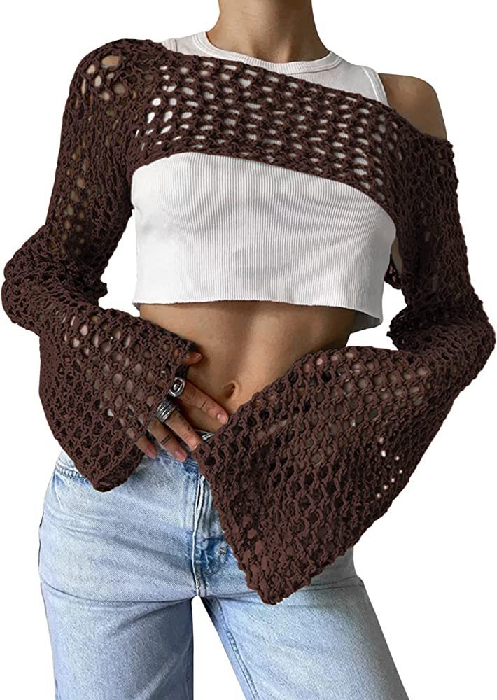 Sexy Hollow Out Cutout Sweater Solid Color round Neck Long Sleeve Knitted Blouse Crochet hook