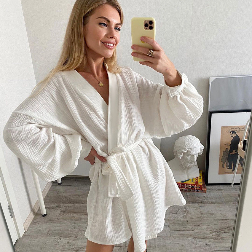 Fall Pure Cotton Long Sleeve Nightgown Shorts Two Piece Sets Pajamas Soft Outerwear Homewear Women