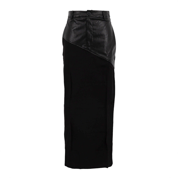 Women Clothing Retro Faux Leather Stitching Design Half Length Skirt Women Wild High Waist Slit Hip Skirt