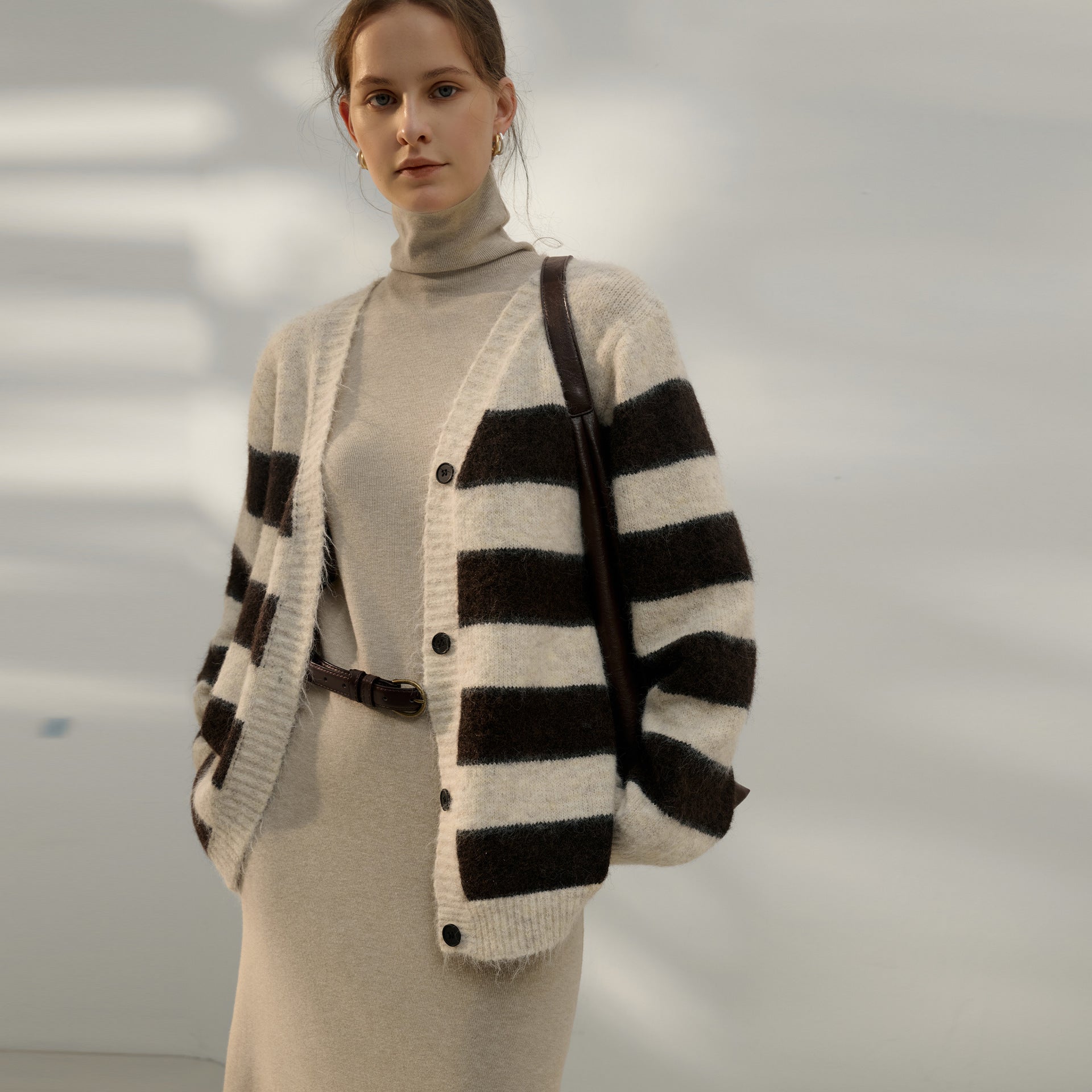 Autumn Winter Lazy Sweater Women Retro Gentle Casual Three Dimensional Striped Contrast Color V neck Long Sleeve Knitted Cardigan