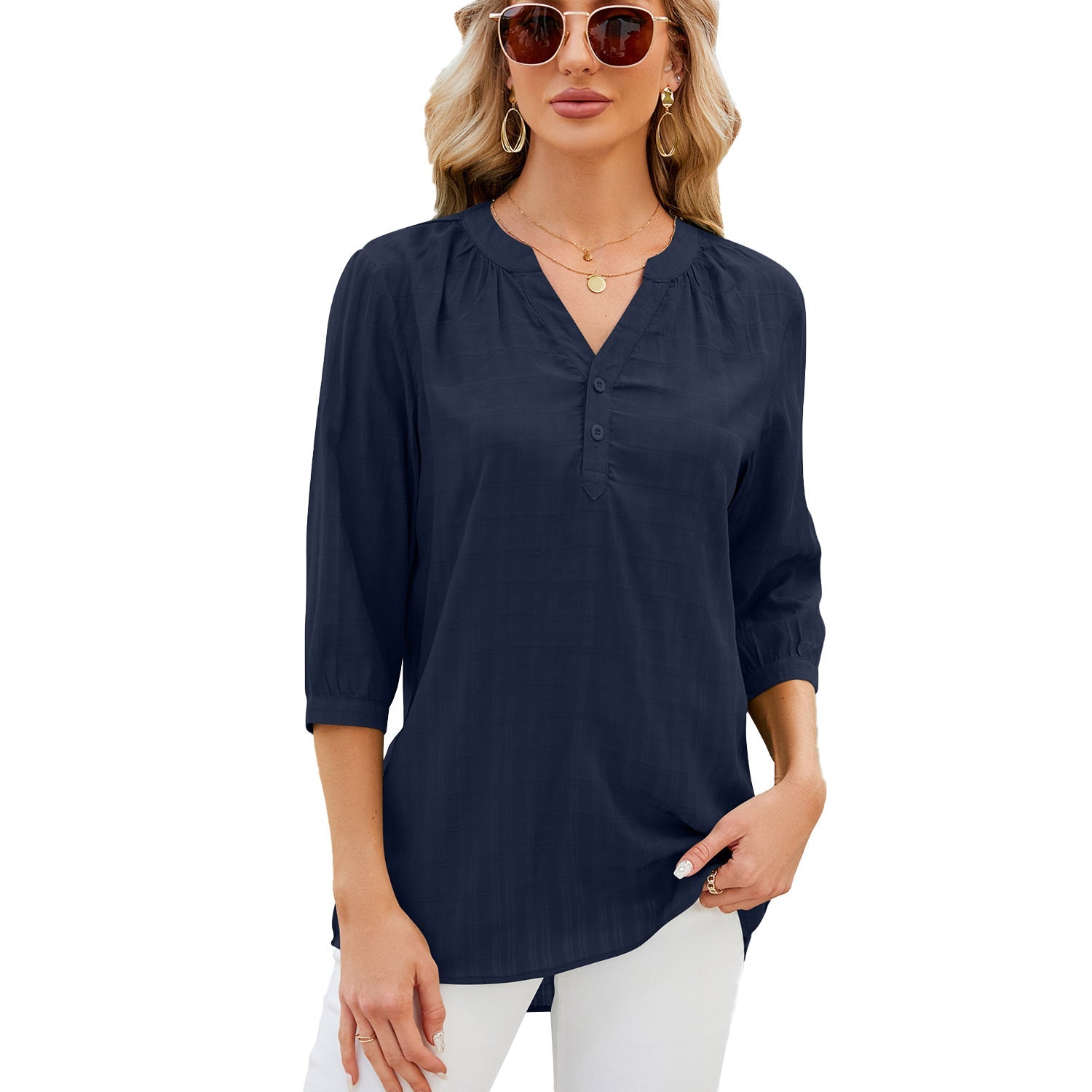 Spring Summer Solid Color V neck Loose Half Sleeve Shirt Women