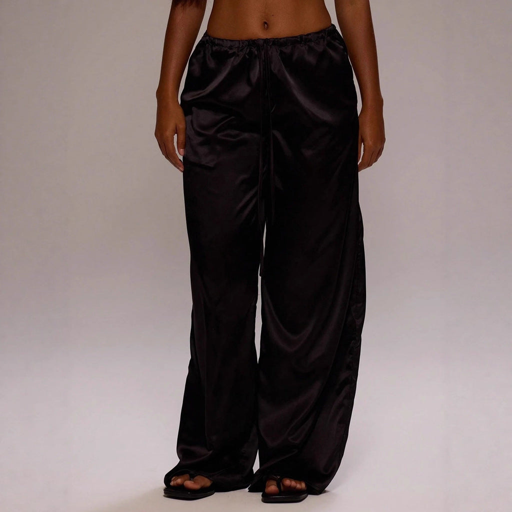 Women Clothing Trendy Autumn Satin Satin Casual Pants Loose Wide Leg Drawstring Long Pants