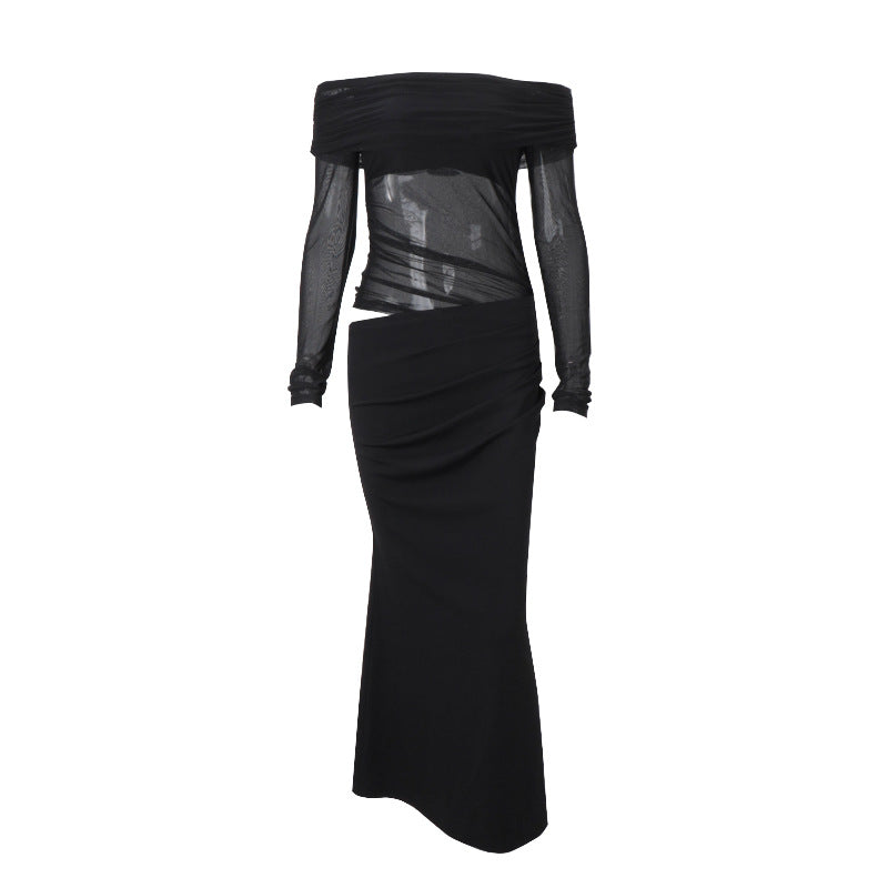 Women Clothing Spring Sexy Sexy off Shoulder Mesh Stitching Long Sleeves Hollow Out Cutout Dress Women