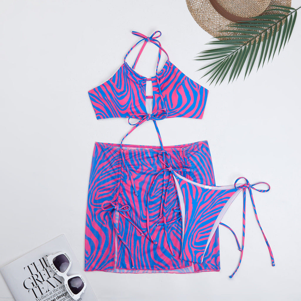 Swimsuit Women Striped Split Three Piece Printed Bikini Bikini Swimsuit