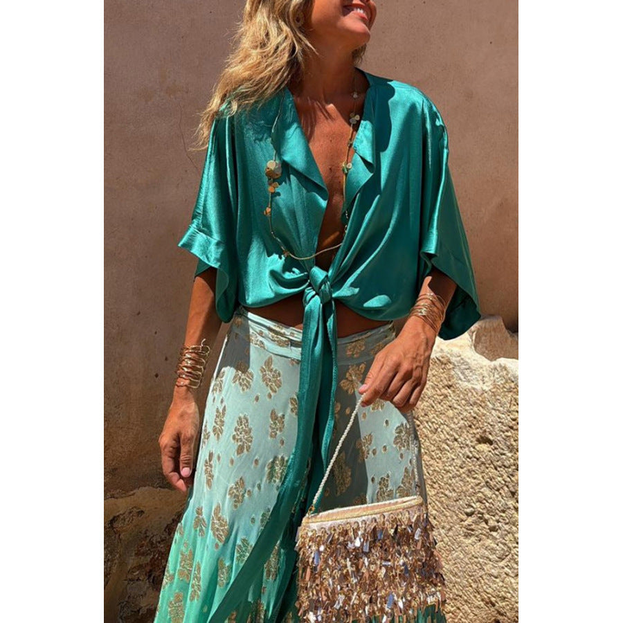 Spring Summer Lace up Vacation Multi-Color Top Casual Loose Batwing Sleeve Cardigan for Women