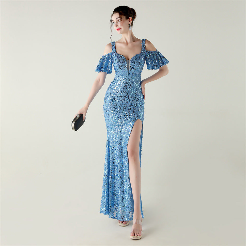 Bead Tube Sequin Heavy Industry Evening Dress Short Sleeve off the Shoulder Deep V Plunge High Slit Fishtail Dress Cocktail Socialite