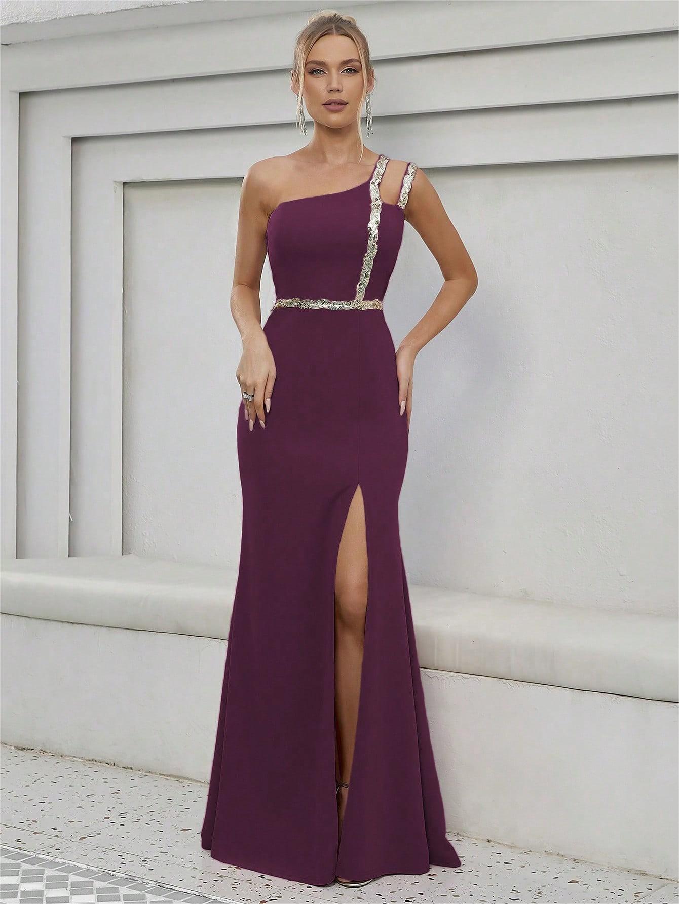 One Shoulder Evening Dress Metal Ribbon Slit Large Swing Evening Dress Dance Dress Party Dress Bridesmaid Dress Summer