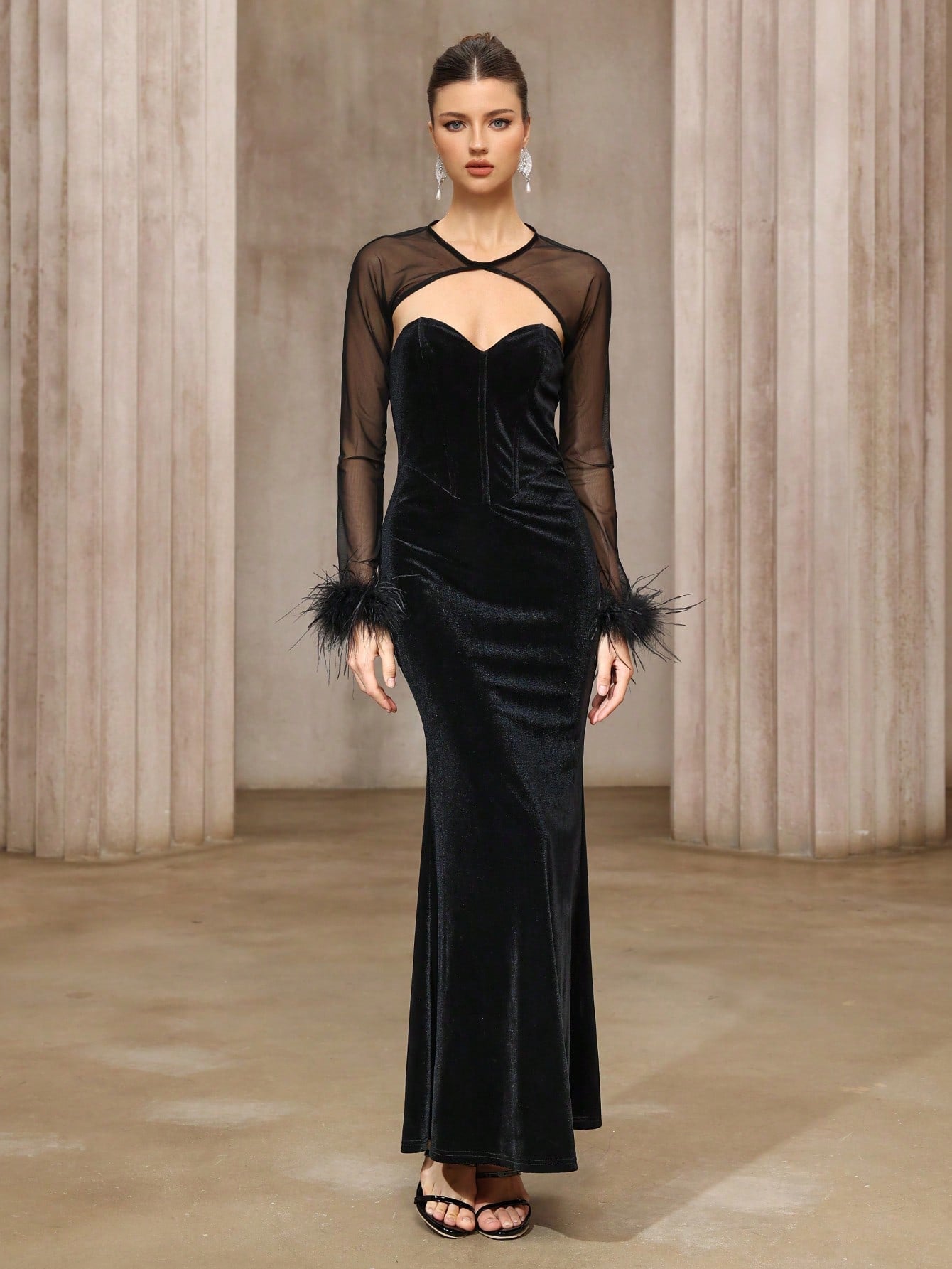 Dress Two Piece Semi Transparent Mesh Top Velvet Tube Top Dress Dinner Light Luxury Cheongsam