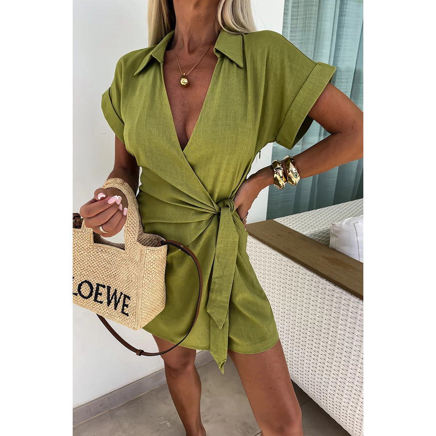 Spring Summer Lace up Turn down Collar Jumpsuit Casual Loose Vacation Jumpsuit