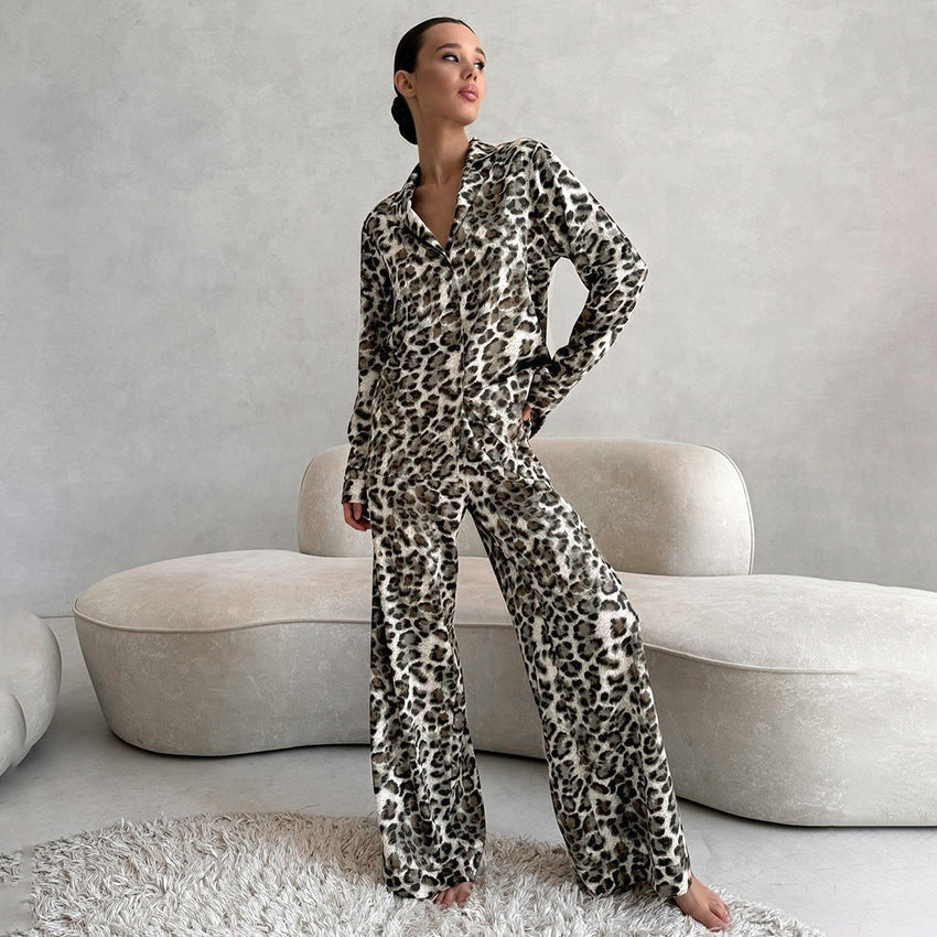 Autumn Satin Leopard Print Soft Comfortable Pajamas Long Sleeved Trousers Women Homewear