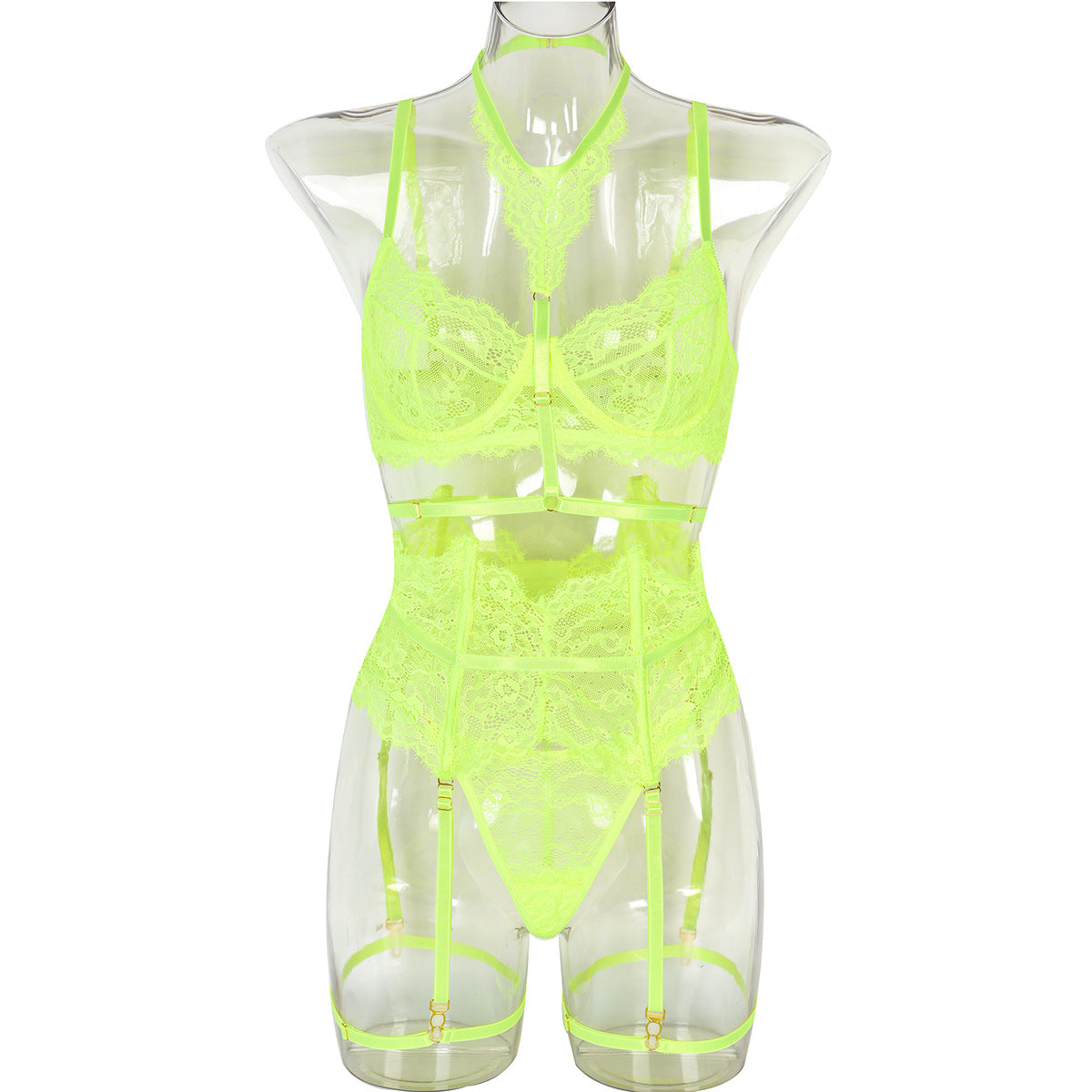 Sexy Three Piece Summer Lace Eyelash Lace Stitching with Halter Foot Ring