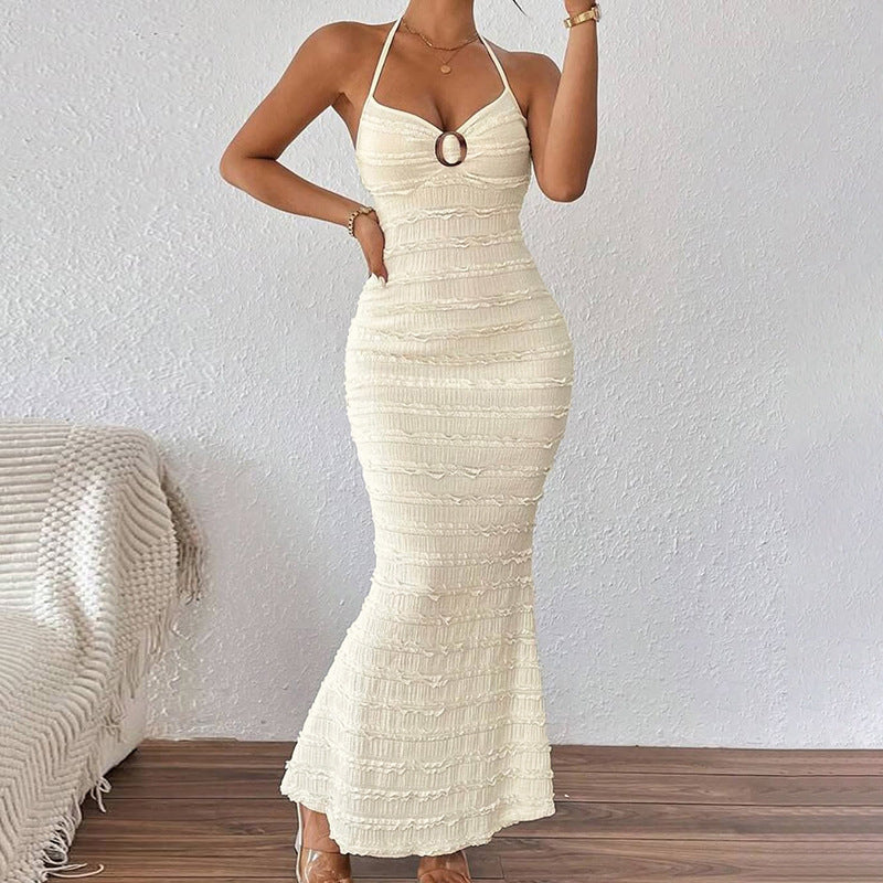 Women Clothing Summer French Sexy Slim V neck Halter Lace up Dress