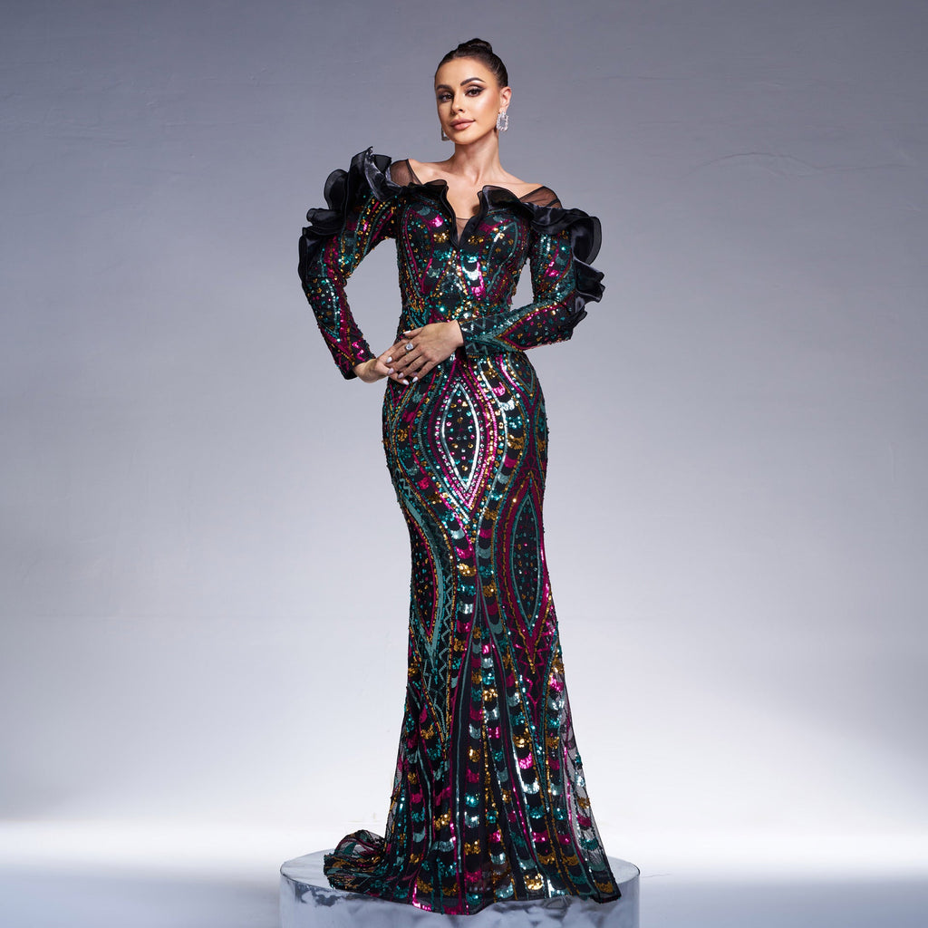 Long Sleeve V neck Hollow Out Cutout out Long Sequined Cocktail Fishtail Evening Dress Bridesmaid Dress Women