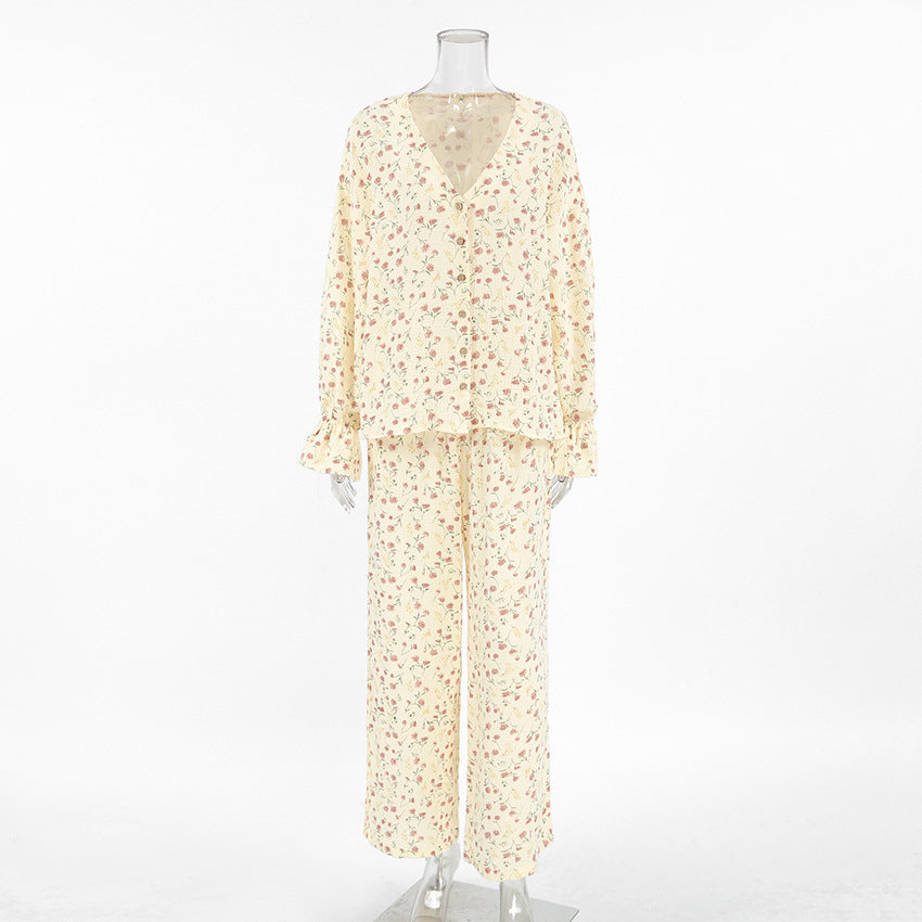 Loose Comfortable Homewear Spring Pure Cotton Printed Long Sleeved Trousers Comfortable Pajamas Women