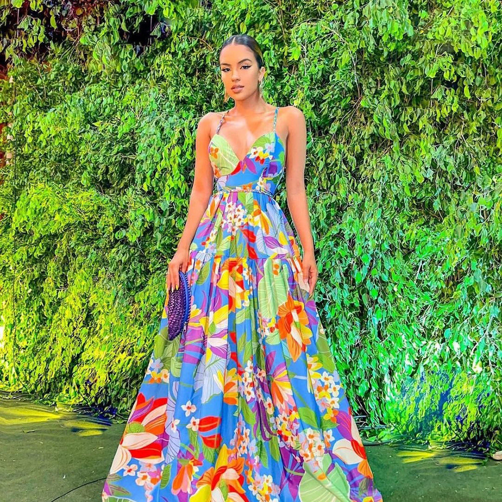 Summer Women Clothing Dress Holiday Floral Print Multi Color off Shoulder Large Swing Sling Long