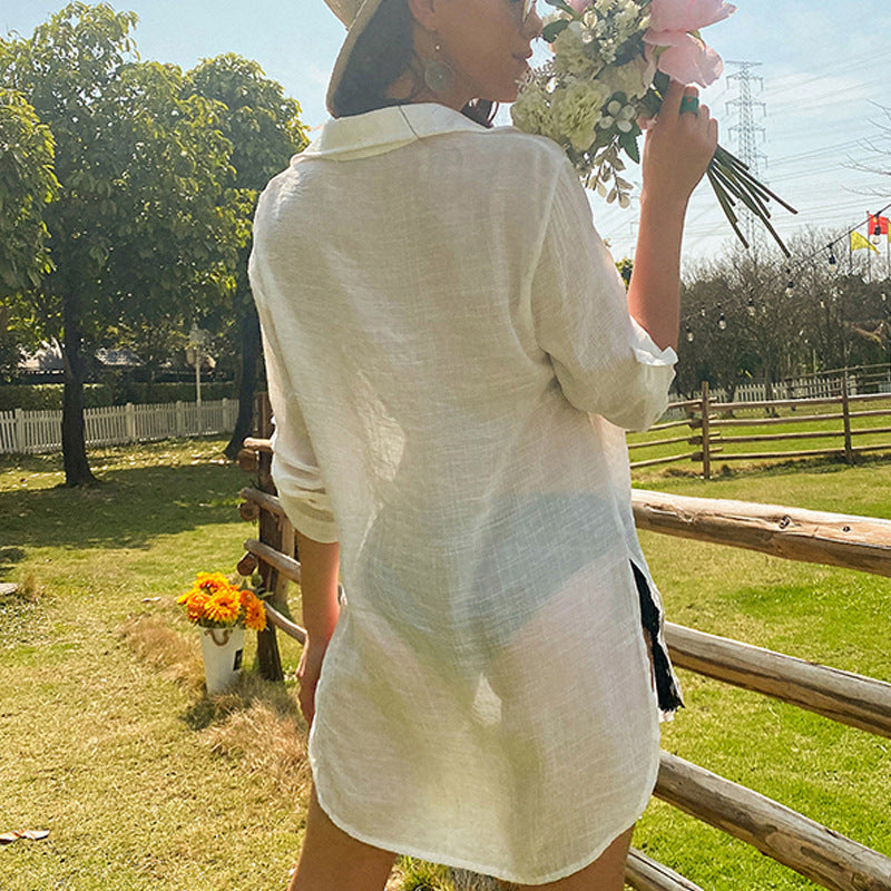 Vacation Sun Protection Coat Solid Color Loose Breathable Casual Long Sleeved Shirt Sun Protection Pullover Blouse Crochet hook