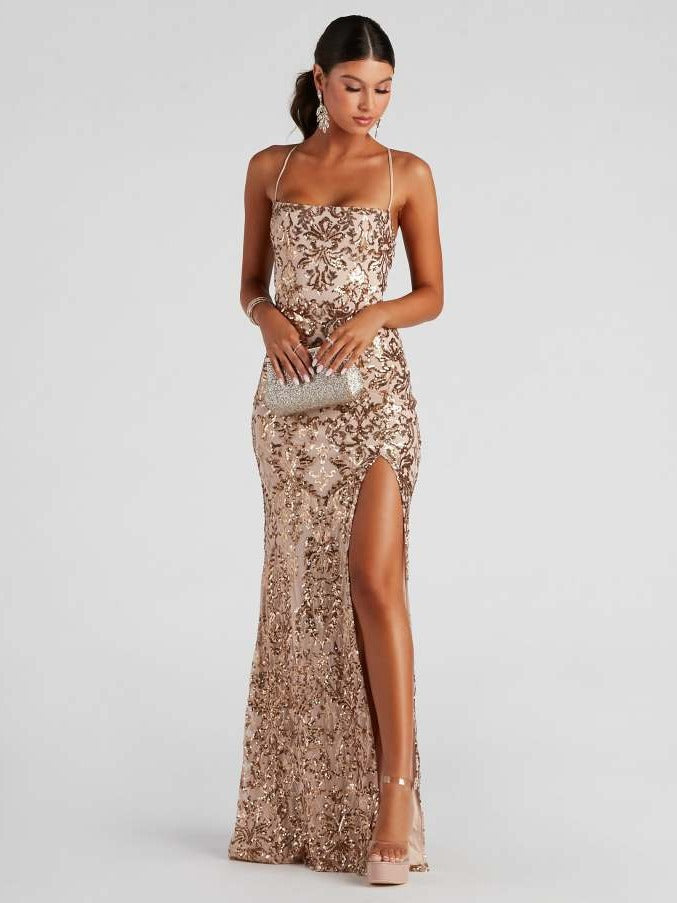 Sexy off Neck Sequined Floor Evening Dress Elegant Slit Cocktail Dress (3 Colors)