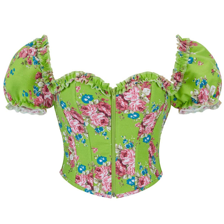 Sexy Backless Puff Sleeve French Print Boning Corset Strap Retro Vest Women Top