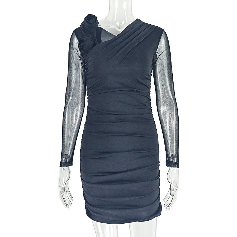 Simple Solid Color Women Slim Fit Office Hip Diagonal Collar Long Sleeve Short Dress