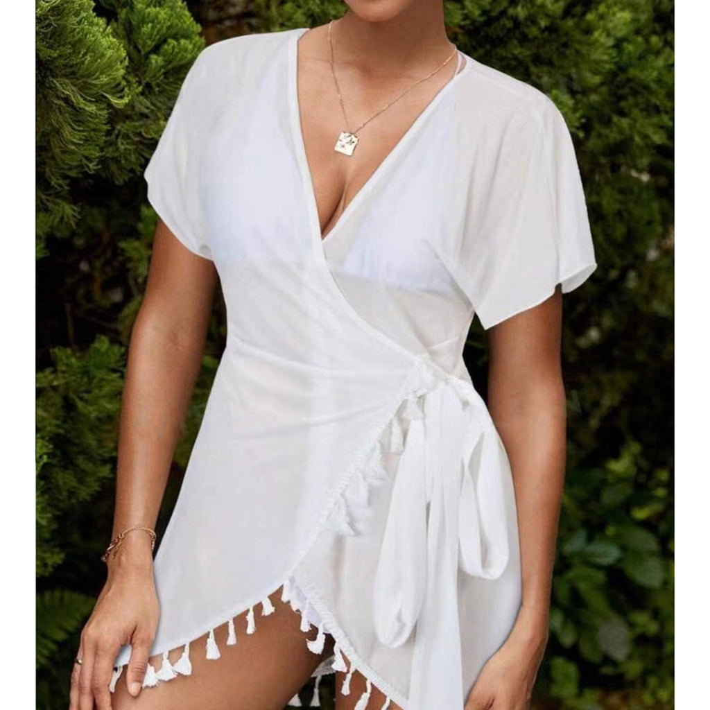 Beach Sun Protection Clothing Three Piece Sets Tassel Chiffon Shawl Swimsuit Swimwear Women