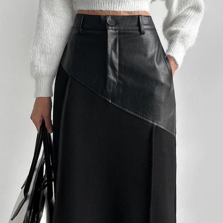 Women Clothing Retro Faux Leather Stitching Design Half Length Skirt Women Wild High Waist Slit Hip Skirt