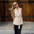 Design Cotton Linen Khaki Tooling Sleeveless Waist Blazers Collar Vest Women Slimming Top