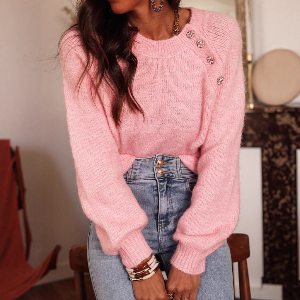 Autumn Winter Solid Color Raglan Sleeve Sweater Women Elegant round Neck Button Women Knitwear