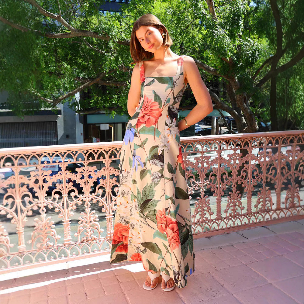 Summer Dress Printed Spaghetti Straps Slimming Dress
