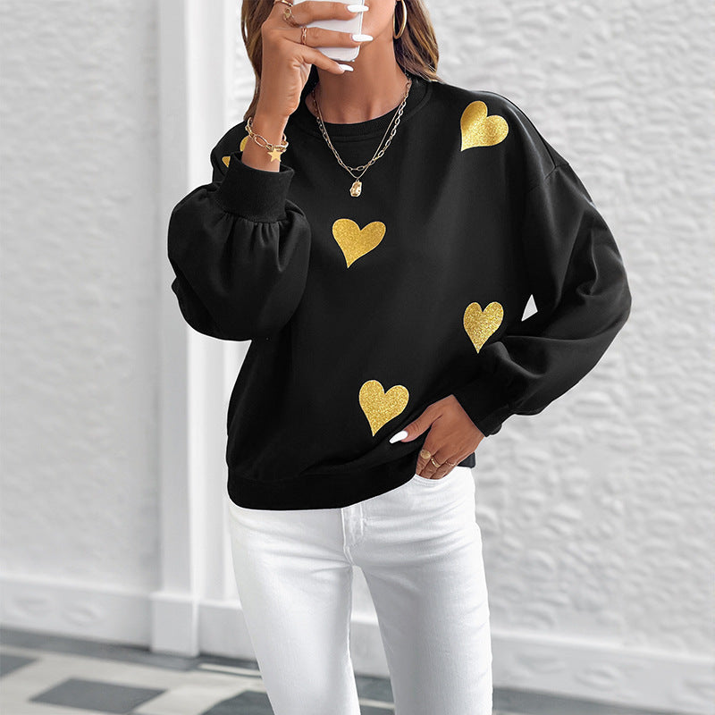 Autumn Romantic Sweet Heart Printing Loose round Neck Long Sleeve Sweatshirts