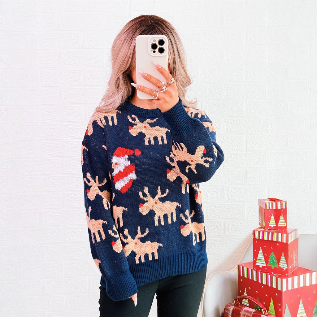 Christmas Contrast Color Deer Sweater Crew Neck Casual Loose Year Knitted Top