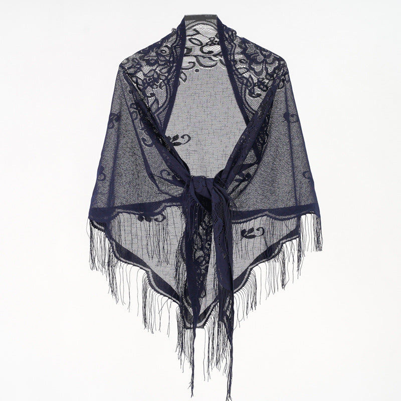 Nylon Hollow Out Cutout out Monochrome Breathable Tassel Triangular Binder Shawl Women Scarf