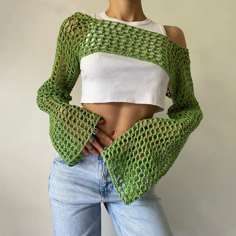 Sexy Hollow Out Cutout Sweater Solid Color round Neck Long Sleeve Knitted Blouse Crochet hook