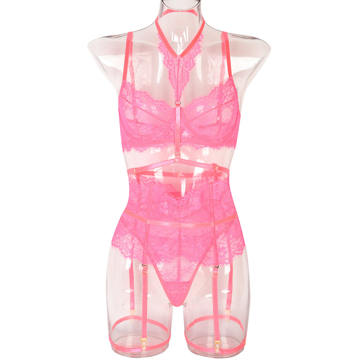 Sexy Three Piece Summer Lace Eyelash Lace Stitching with Halter Foot Ring