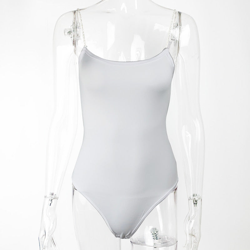 Summer Women Clothing Diamond Chain Slim Top Sexy Low-Cut Sling Bodysuit