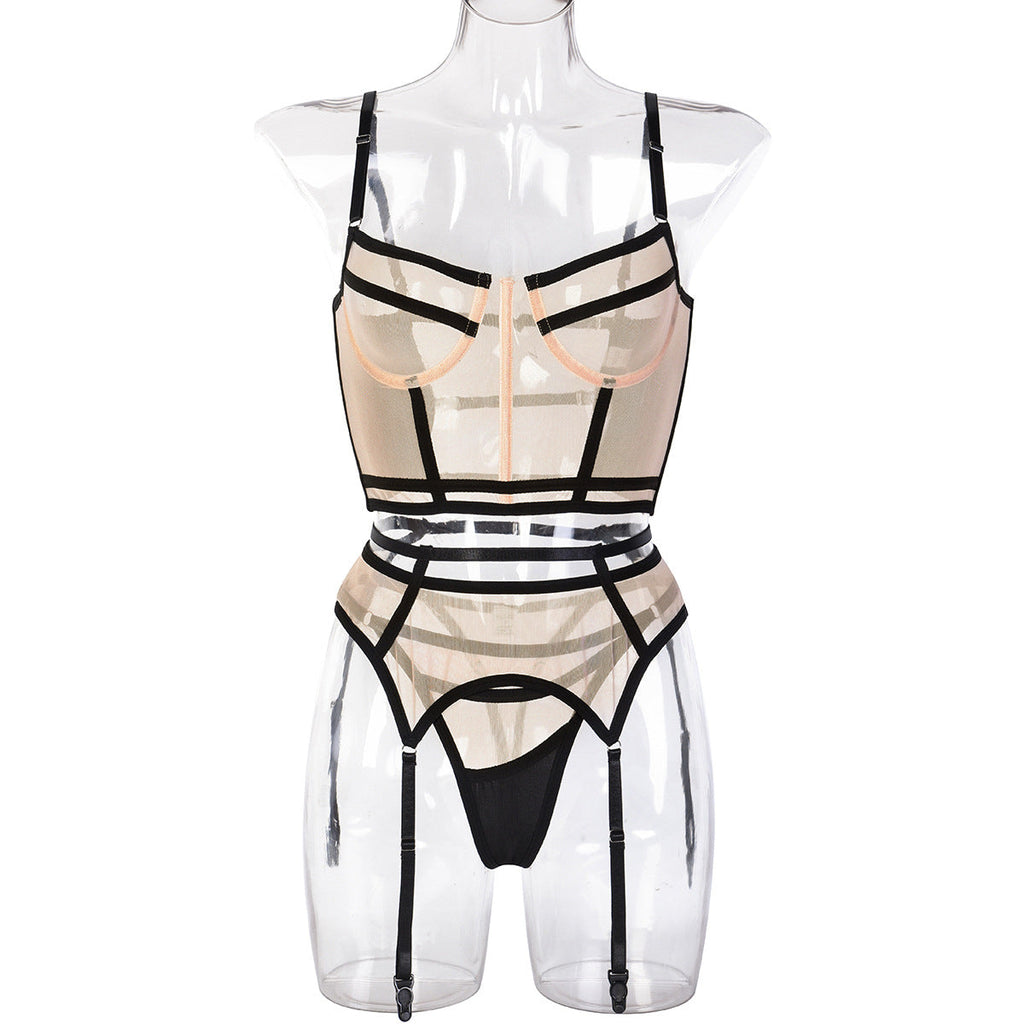 Sexy Three Piece Autumn Skin Color Mesh Stitching Plastic Bones High End Sexy Three Piece Suit